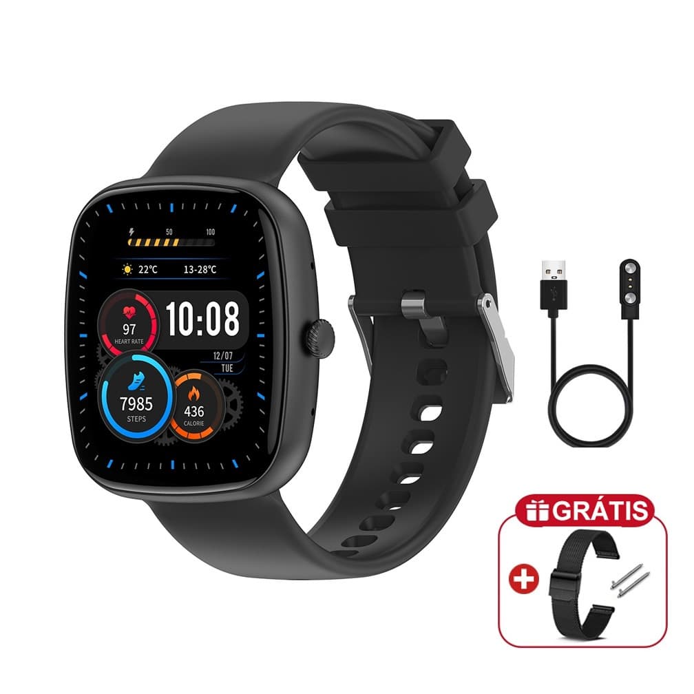 Smartwatch Inteligente com Monitoramento Saúde, Pulseiras Silicone e Aço Milanese + Cabo de Carga