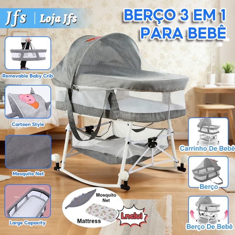 Berço Portátil Com Mosquiteiro Balanço e Cesto Cinza Cama Infantil Ninho de Bebê