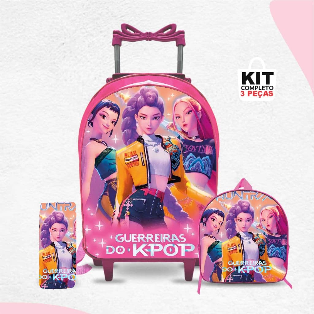 Kit mochila escolar Guerreiras do K-pop com lancheira e Estojo -Carrinho com Rodinhas - Menina - Feminino