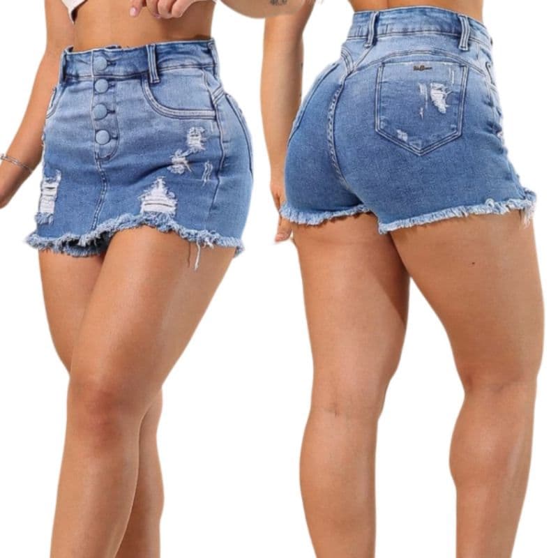 Short Saia Jeans Feminino Com LAYCRA Cintura Alta