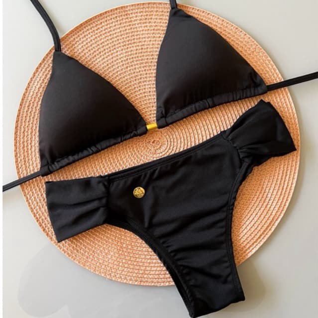 Biquine Cortininha Borboleta Preto Calcinha Tanga Lateral Franzida