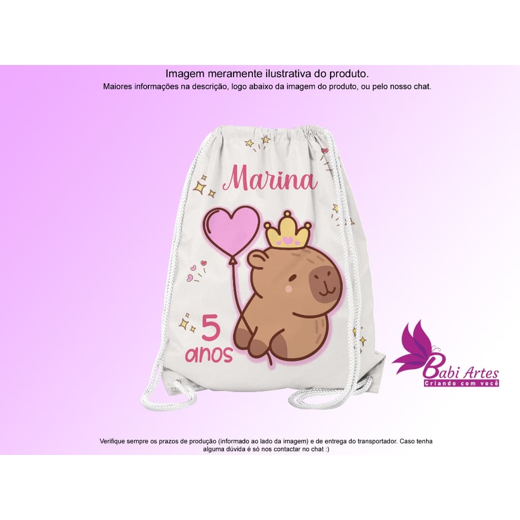 Mochilinha Saco Personalizada Capivara  Festa Aniversário Lembrancinha Saquinho Infantil