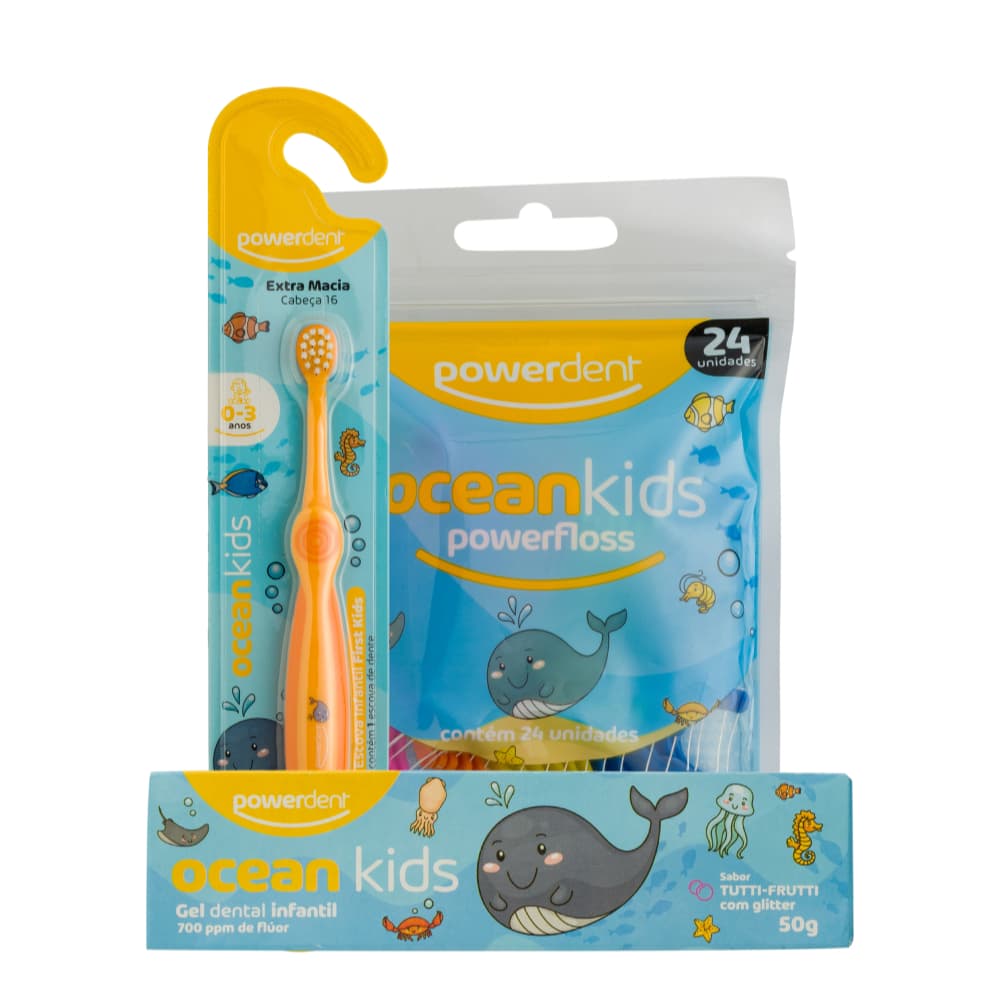 Kit Escova de Dentes First Kids + Fio Dental Powerfloss com Brinde Gel Dental Higiene Bucal Infantil Completa