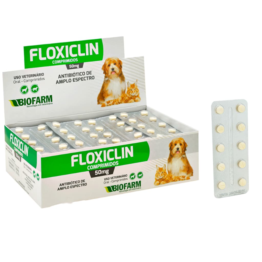 Enrofloxacina 50mg Floxiclin Antibiótico Cães e Gatos Anti-infeccioso - Strip c/ 10 Comprimidos
