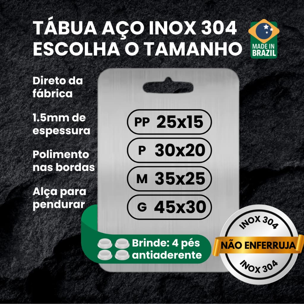 🇧🇷 Tábua de Corte Aço Inox 304 Nacional | 1.5mm | Antibacteriana | PP 25x15 P 30x20 M 35x25 G 45x30