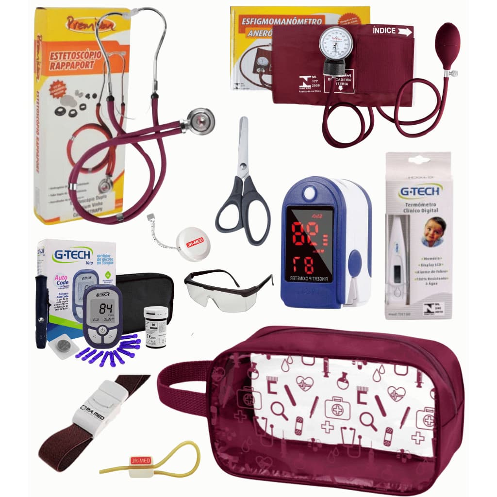 Super Kit Enfermagem Aparelho de Pressão + Estetoscópio  Premium Completo + Oximetro + Nécessaire Vinho Preto Pink Lilás