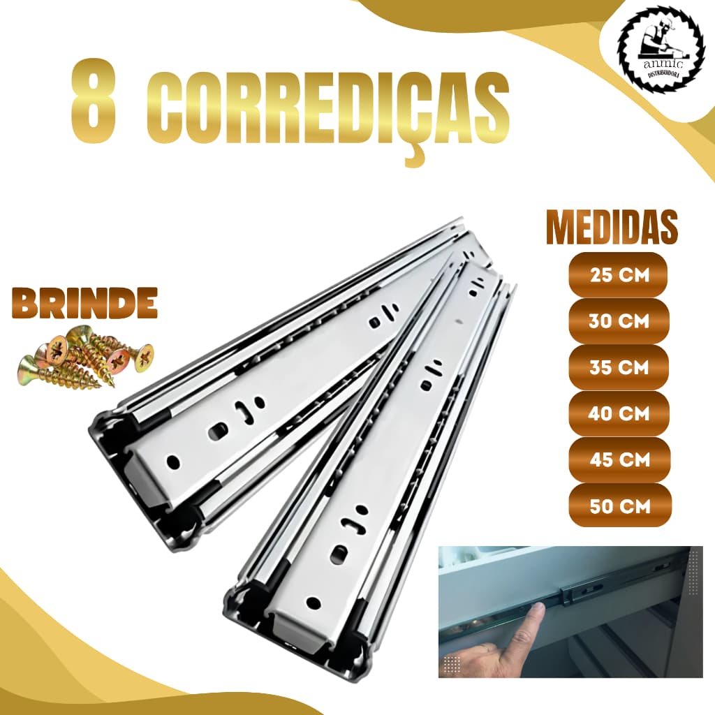 Kit 8 Corrediças de Gaveta Trilho Telescópica Light 25cm 30cm 35cm 40cm 45cm Aço Leve