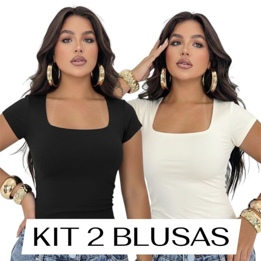 Kit 2 Baby Tee Blusinha Manga Curta Decote Quadrado Forro Duplo Malha Suplex Premium Camiseta Blusa