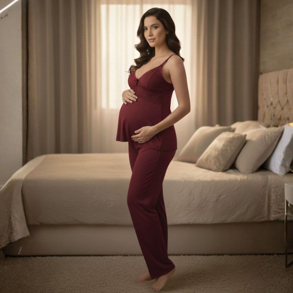 Pijama BabyDoll Amamentação Renda Blusa com Alça Reforçada com Click e CALÇA Maternidade.