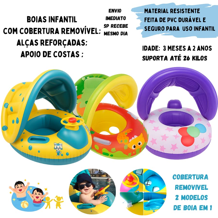 Boia infantil Boia com cobertura para bebê Barquinho inflável BOIA CARRINHO CRIANÇA BOIA COM BUZINA