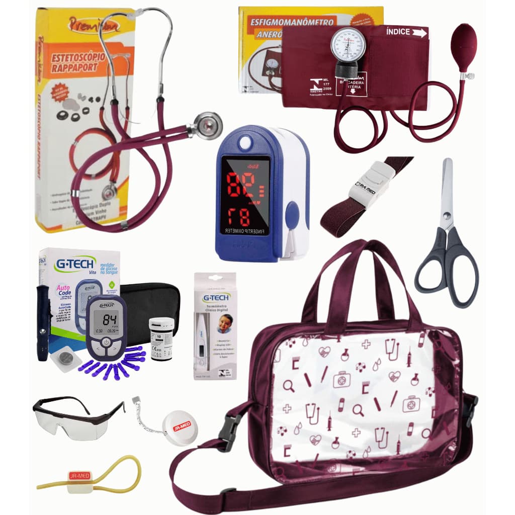 Kit Material de Enfermagem Aparelho de Pressão + Estetoscópio Duplo Premium para Estágio com Oximetro - VINHO ROSA PRETO