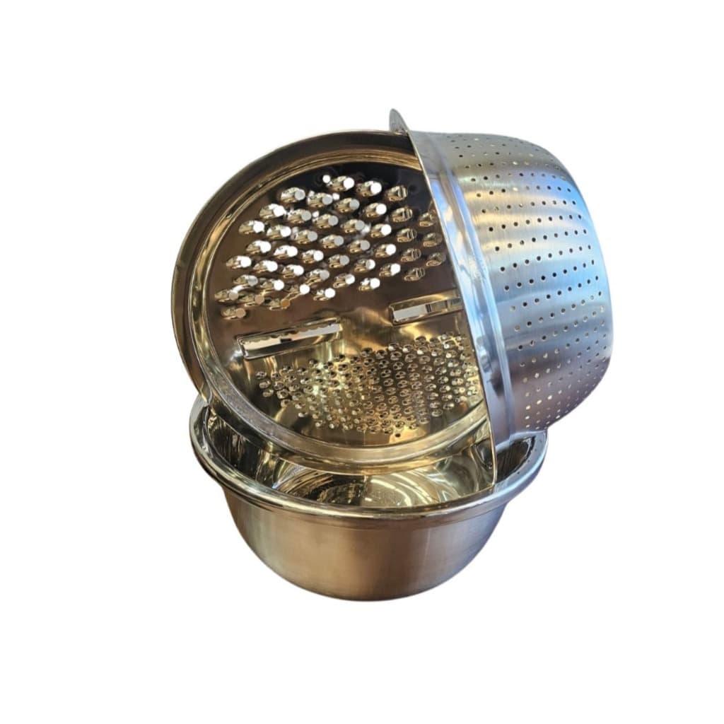 Kit 3 Em 1 Ralador 4 Laminas, Escorredor para Macarrão, Tigela 26cm Inox Aço Inoxidável