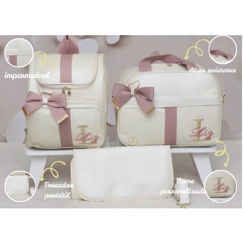 Kit Bolsa Maternidade luxo 3 peças personalizados com bolsa G, mochila e trocador
