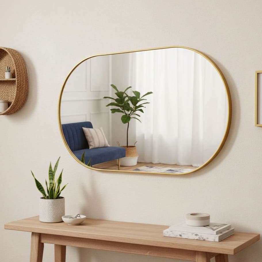 Espelho Decorativo Oval 80x50 Com Borda Em Couro + Suporte