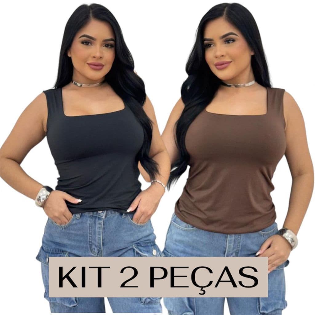 Kit 2 Blusas Feminina Regata Decote Quadrado Suplex Verão Básica Lisa Moda Elegante Tendência Verão