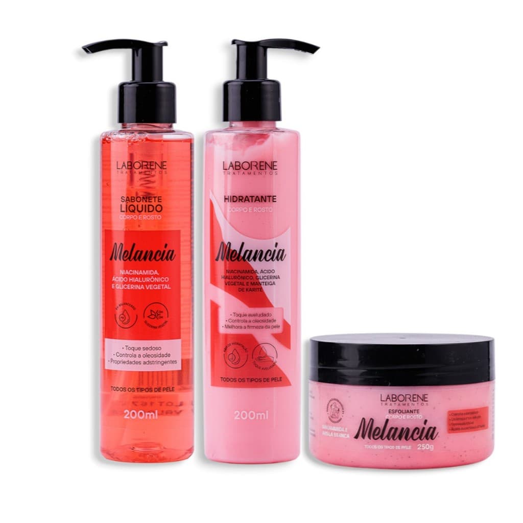 Kit Banho Premium Melancia - Sabonete, Hidratante 200ml e Esfoliante 250g/Corpo e Rosto - Laborene
