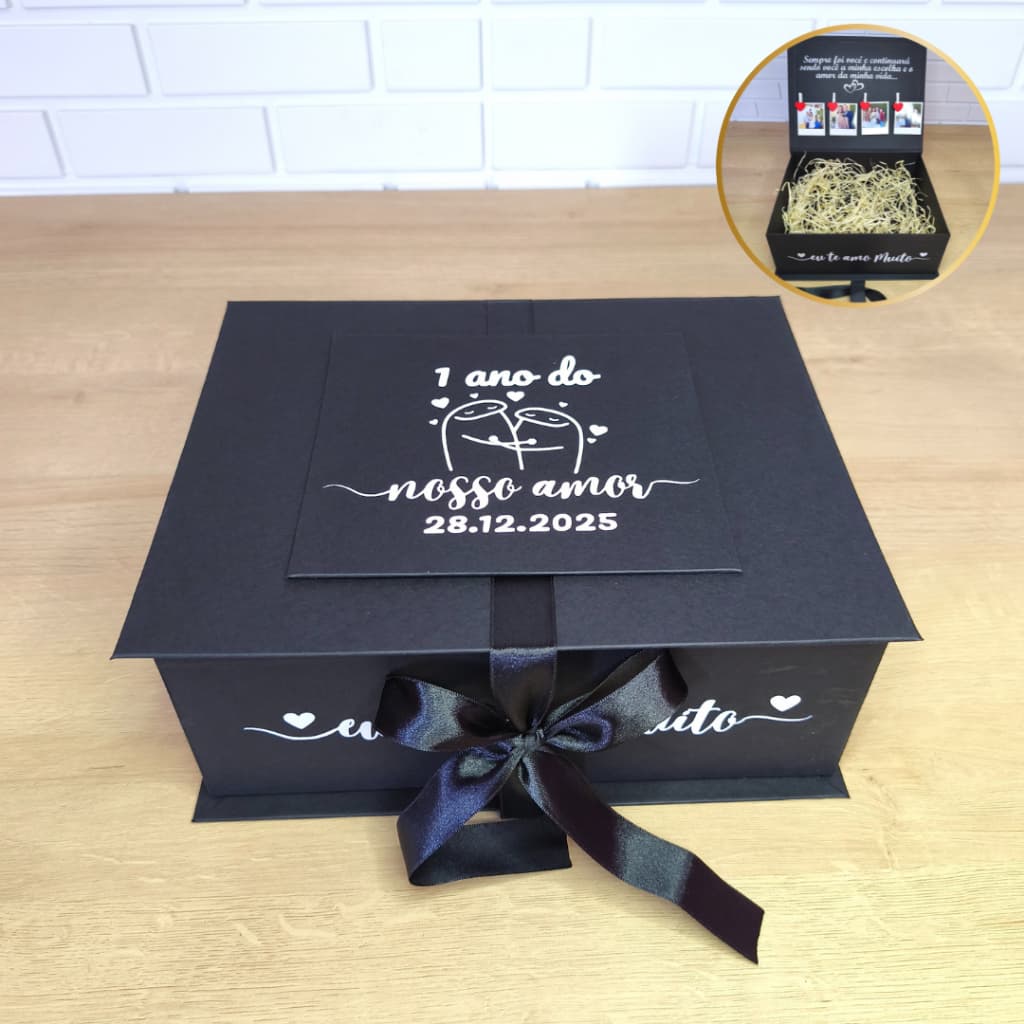 Caixa Para Presente Cartonada Personalizada Flork com Frases + Fotos + Palhas Decorativas + LED