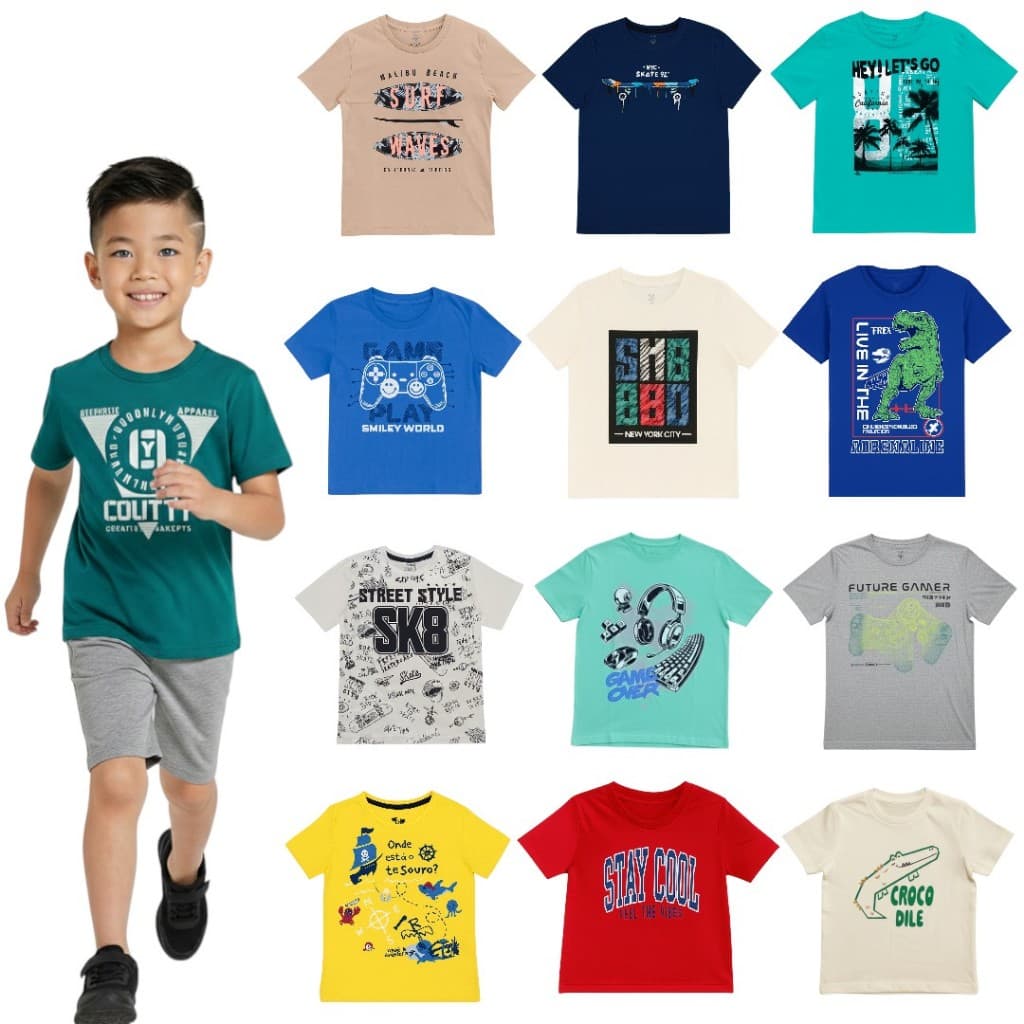 Kit Sortido 5 Peças Algodão Infantil Verão  Menino - Kit 5 Camisetas