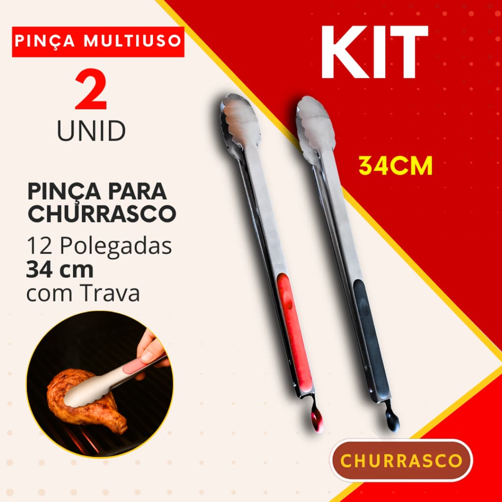 Kit Pinça de Inox para Churrasco Inox 34cm Pegador Multiuso Churrasqueira