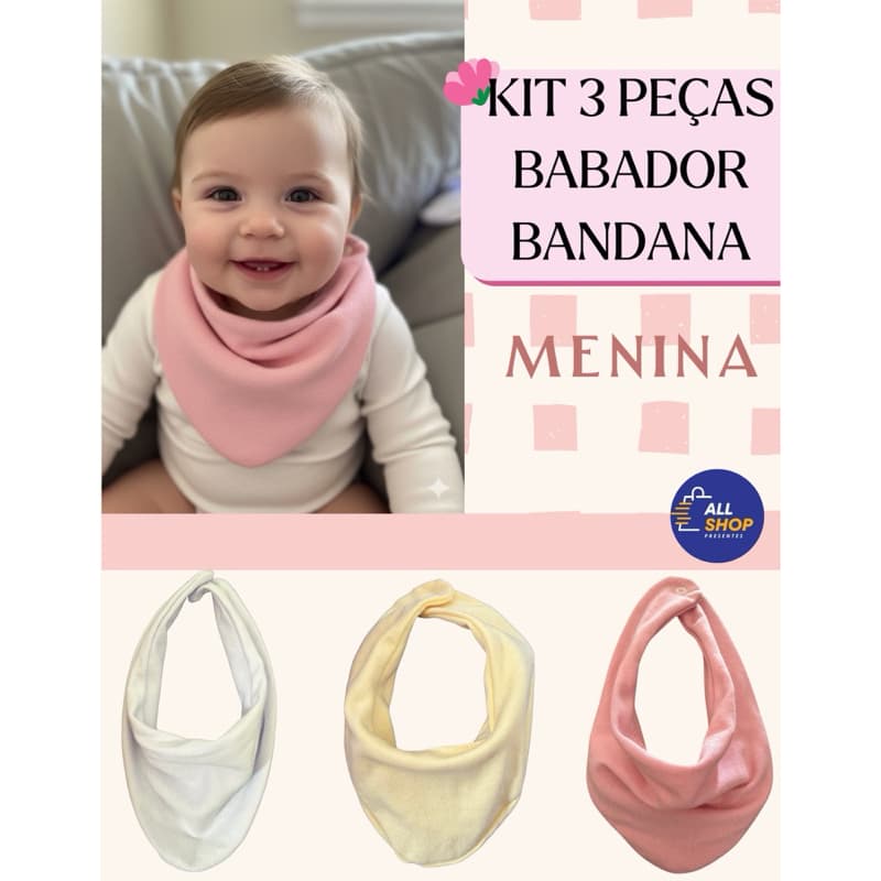 Kit com 3 Babadores Bandana Bebê Suedine 100% Algodão Confortável Baby Neném Babador Infantil Menina Menino