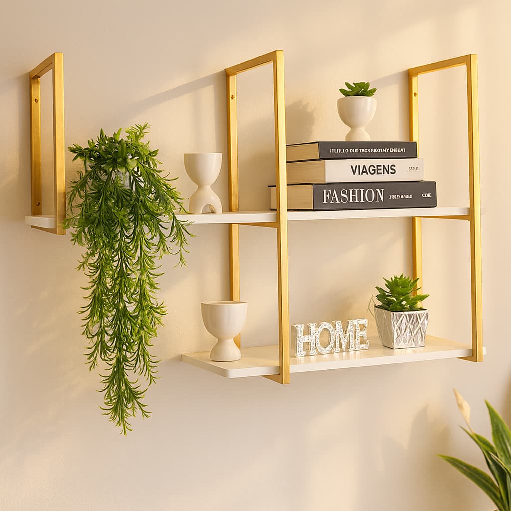 Prateleira Industrial de Parede em Ferro com Madeira MDF Dourado/Preto