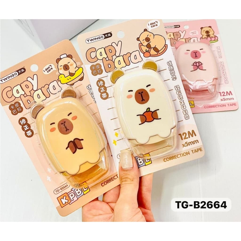 Fita corretiva capivara fofa, corretivo branco papelaria kawaii Marrom, rosa e bege