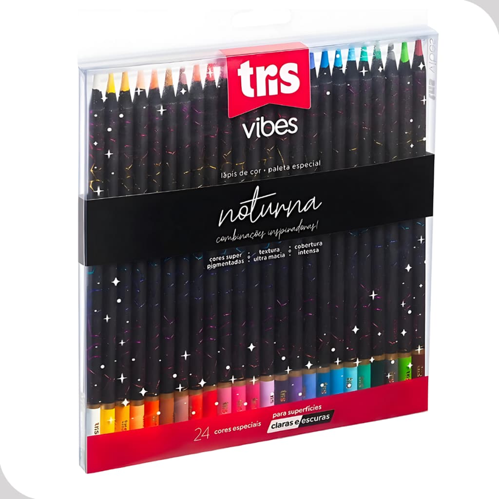 Lápis de Cor Tris Vibes Noturna 24 Cores – Lápis Colorido Neon Escolar Macio para Desenho e Pintura