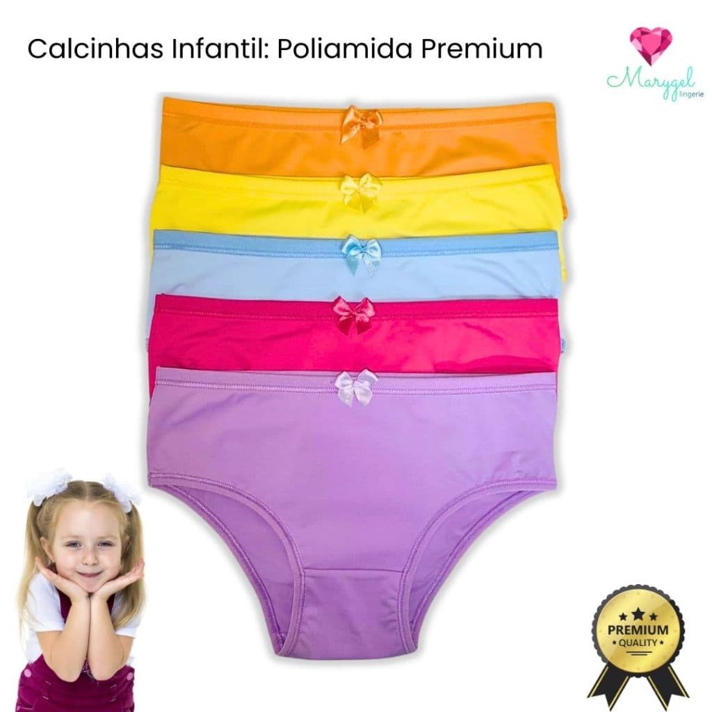 kit Calcinha infantil de poliamida com forro 100% algodão tecido de malha fria.