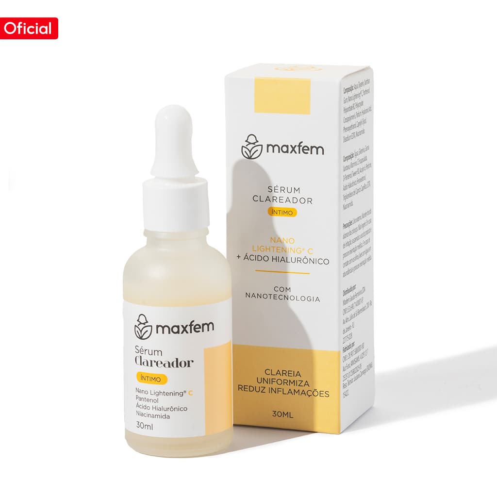 Sérum Clareador Maxfem 30ml com ácido hialurônico: hidrata, clareia e uniformiza dia e noite