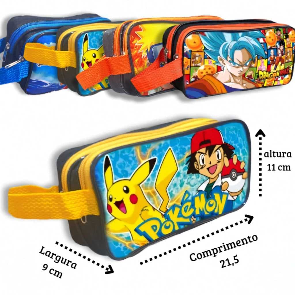 Estojo Grande Escolar Infantil Pokémon, Naruto, Dragon Boll, One piece,  e Animes 2 Compartimentos com Alça
