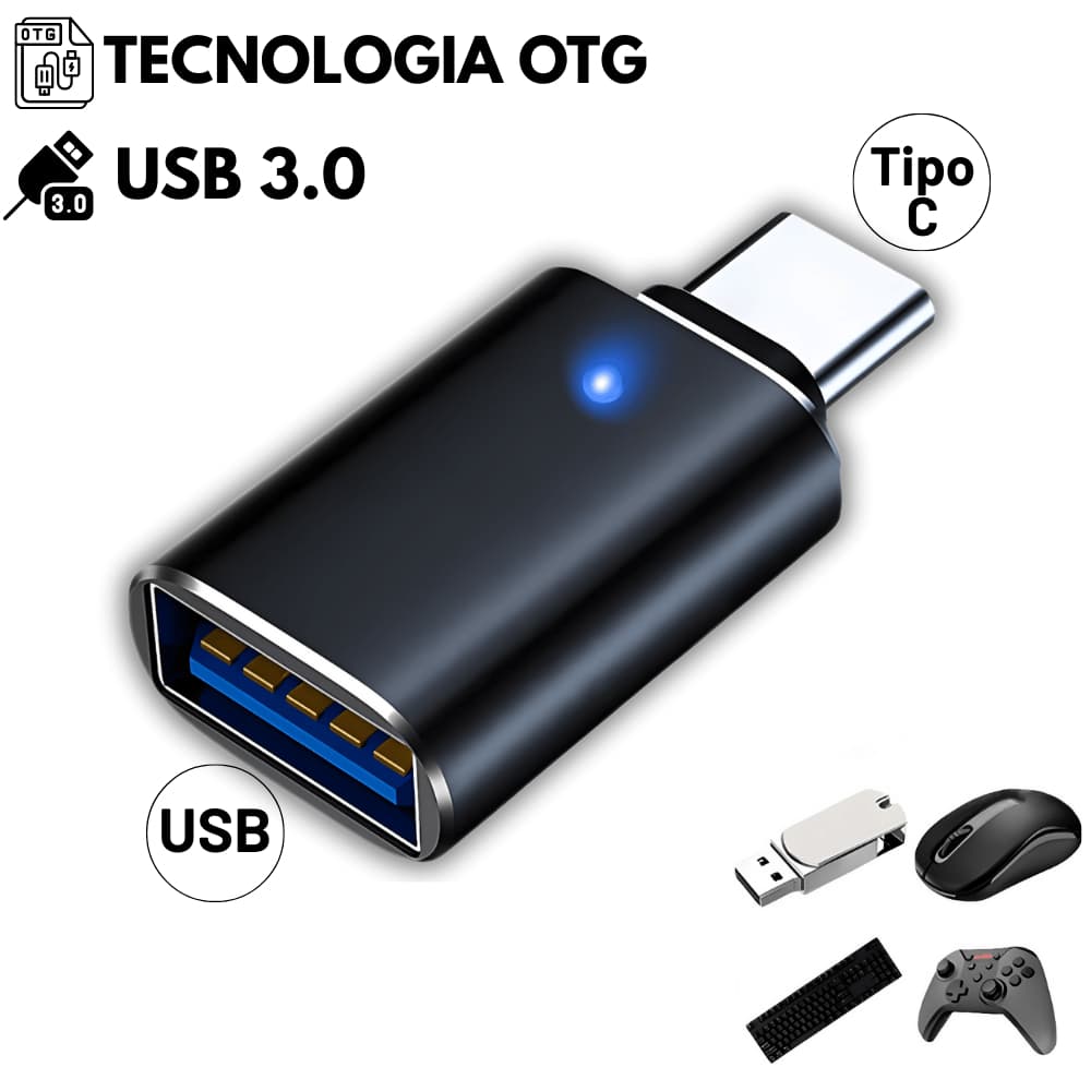 Adaptador Conversor OTG Tipo C para USB 3.0 com LED Conector USB Fêmea TIpo C Macho Transferência