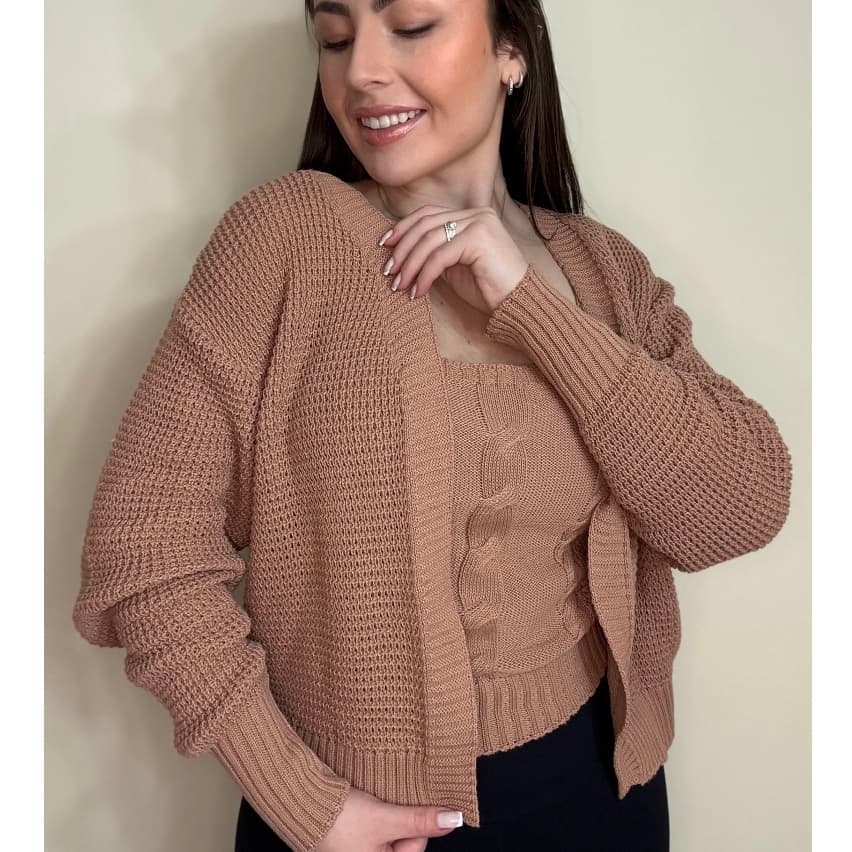 Conjunto Casaco Feminino Tricot + Regata | Twin Set Inverno Estilo Coreana | Cardigan Casual de Frio