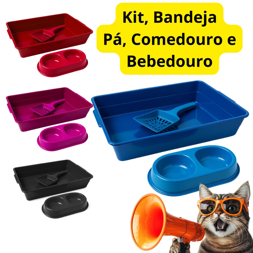 Kit de caixa de areia Gato Bandeja Granulado Sanitário Pazinha Comedouro Bebedouro duplo Gato Pet