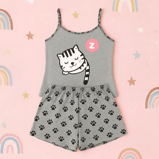 Baby Doll Infantil Malha Confort Gatinho Cinza Pijama de Verao Roupa De Dormir Short Doll Menina