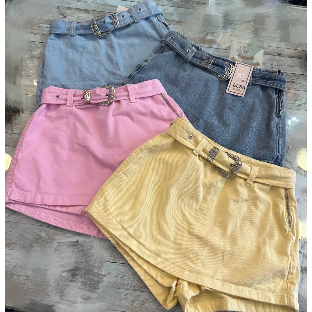 Short Jeans Short Saia Femininas cintura alto jeans sem lycra com cinto