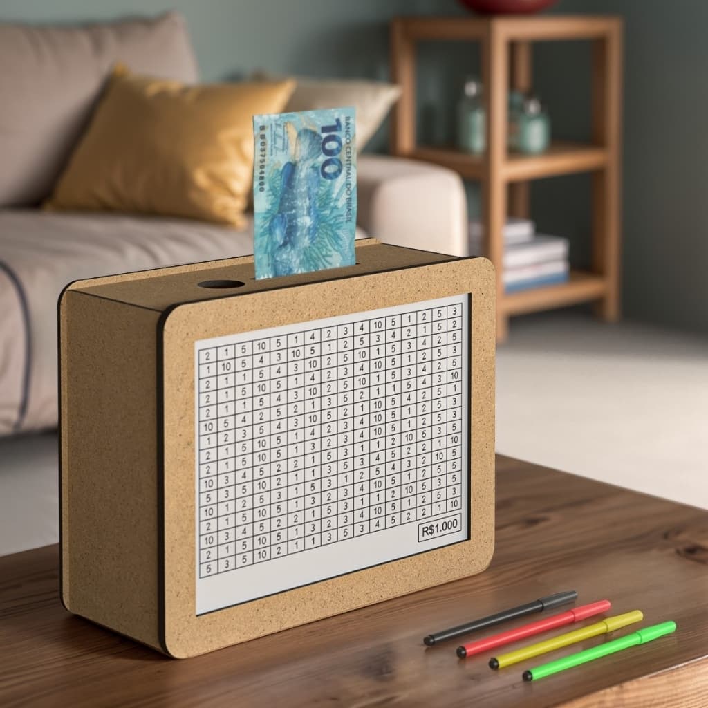 Cofre Desafio Caixa Dinheiro De Madeira Método Japonês 1000 5000 10000 e 20000 MDF