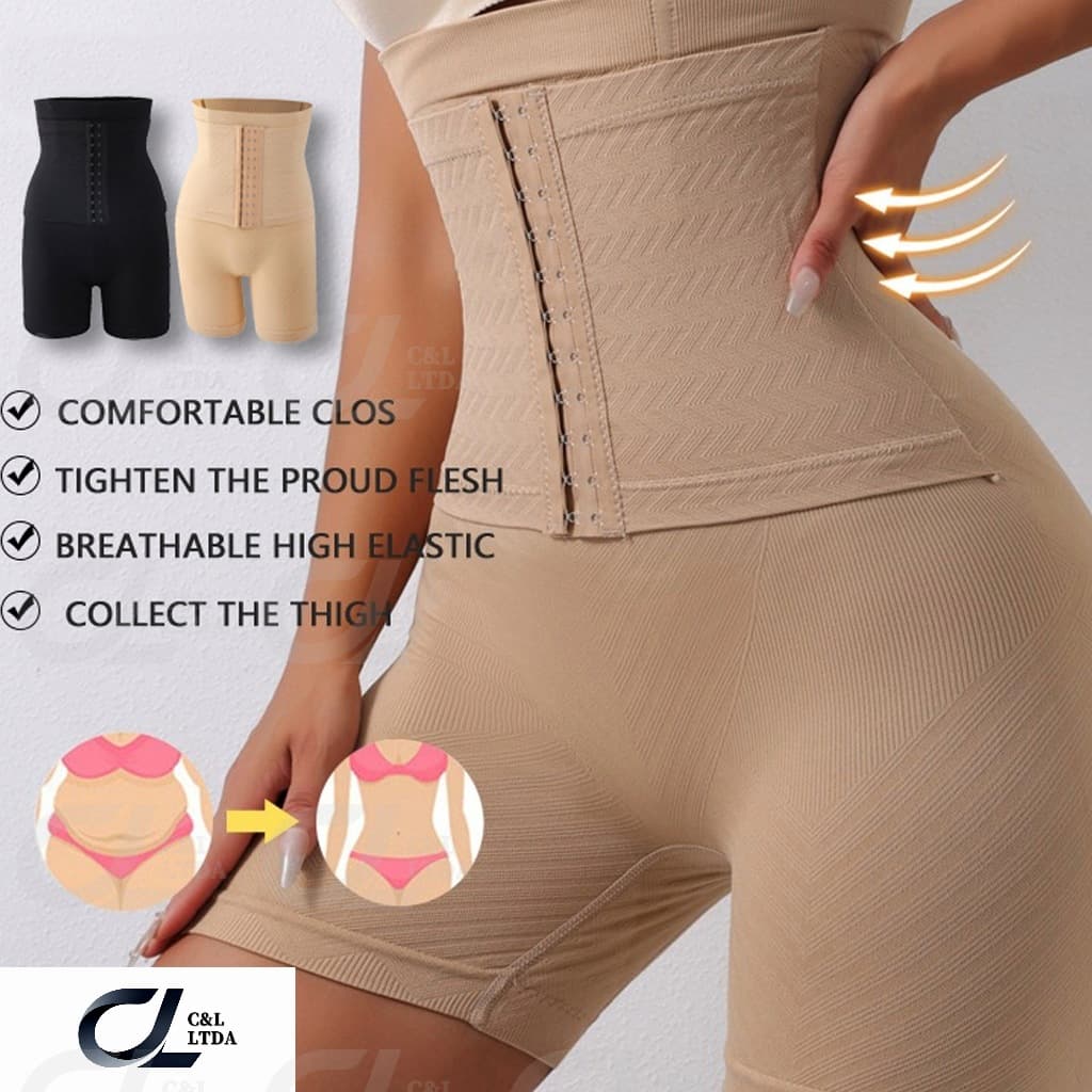 Cinta Shorts Modeladora 2 em 1 Espartilho 3 Fechos 4 Barbatanas Controle Barriga Ajusavel Espartilho
