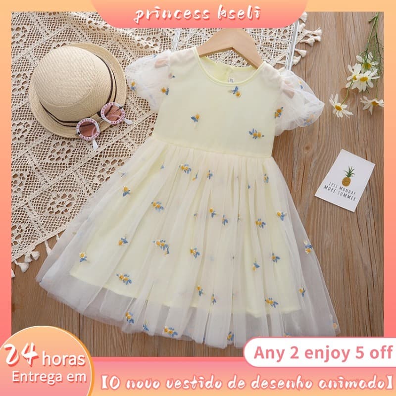 [PRINCESSKESLI] 1-10 anos Kids Vestido Casual Primavera/verão com Coremas Multicolorido para Menina
