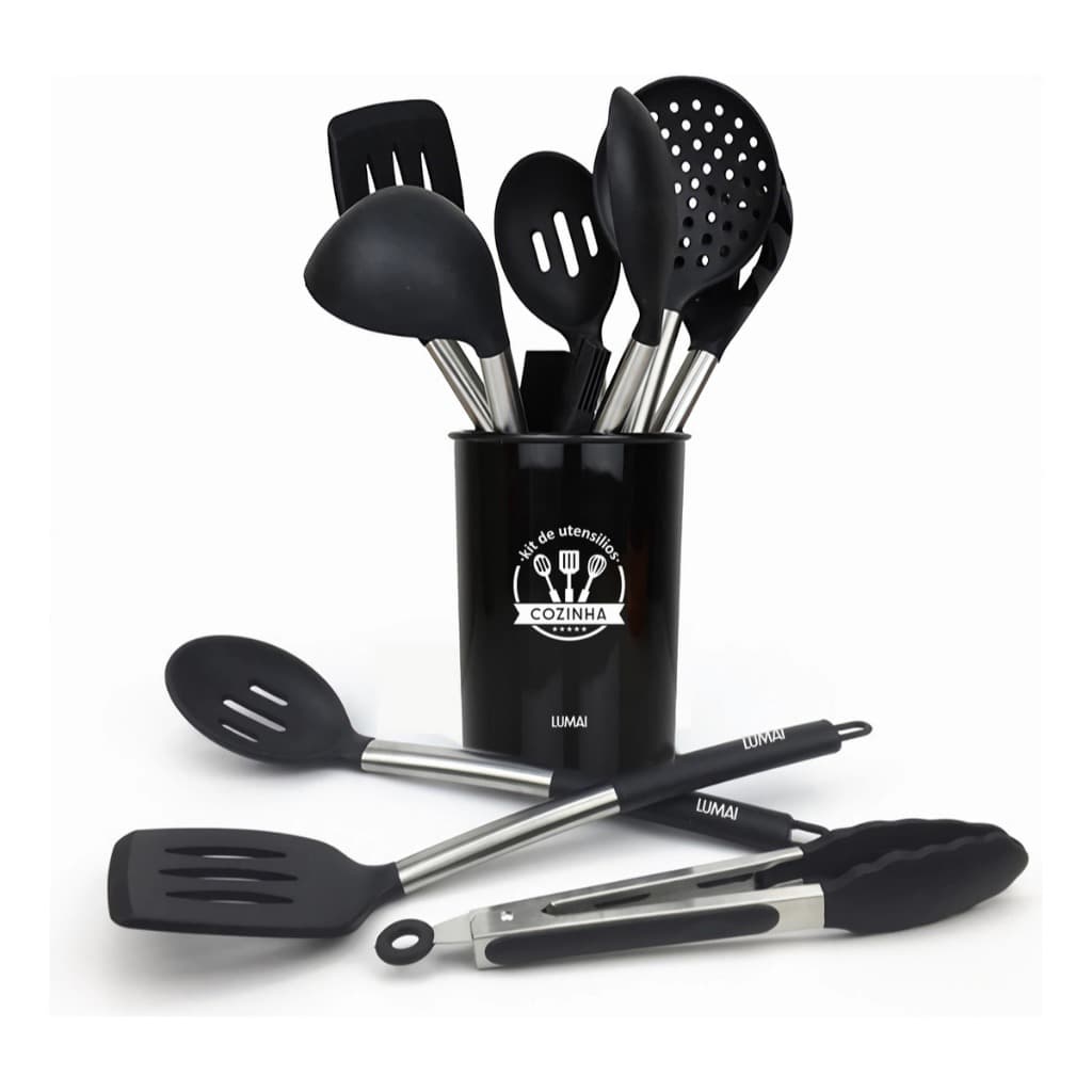 LUMAI Jogo Kit 10 Utensílios De Cozinha Silicone C/ Cabo Aço Inox Original Espátula Colheres Pegador