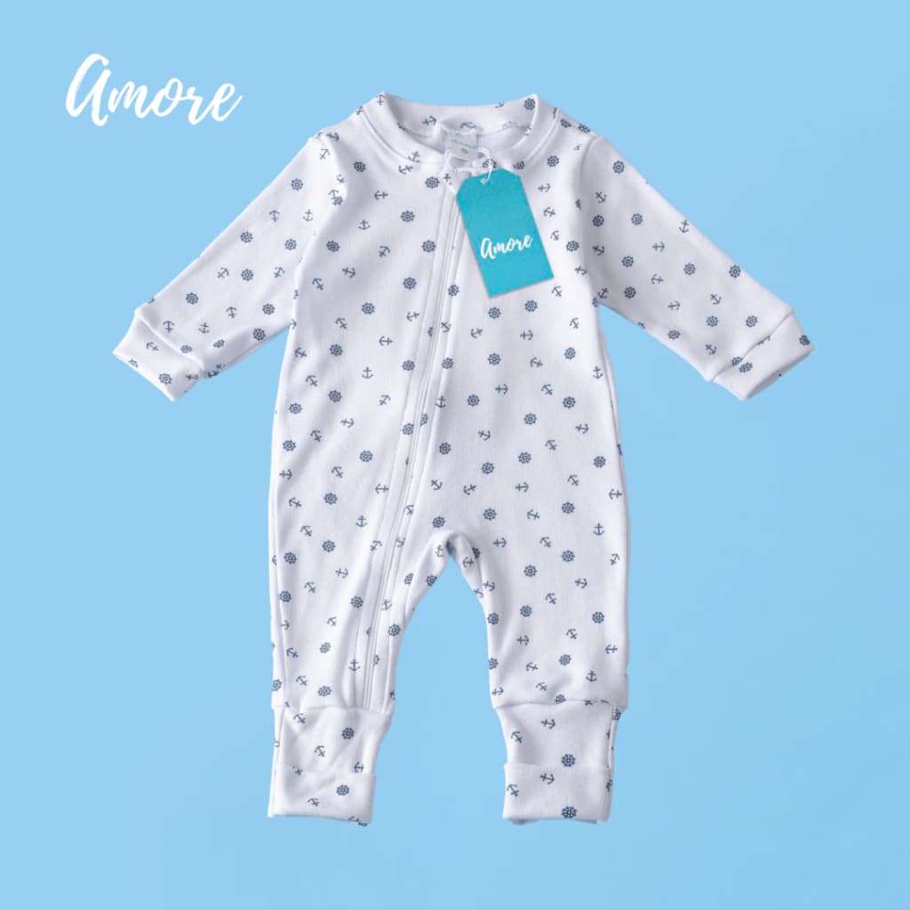 Macacão de Bebê Amore Vira Pé Marinheiro com Zíper Recém Nascido a 12 Meses 100% Algodão