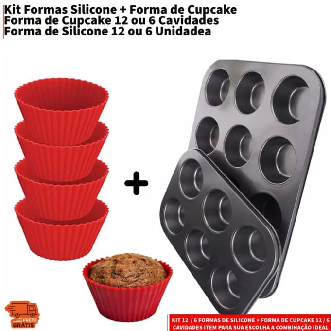 Kit 12 ou 6 Forminhas de Silicone Não Gruda + Forma de Cupcake 12 ou 6 Cavidades Antiaderente Empada