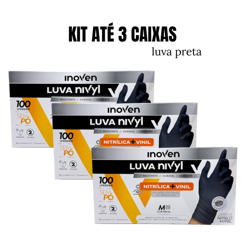 Kit Até 3 Caixas de Luva Vinil Nitrilica Preta Descartavel 300 unidades Sem Po