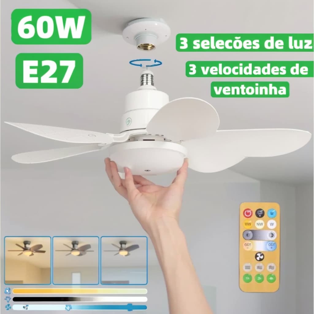 Ventilador De Teto Silencioso Wind Light Controle Remoto Lampada LED 60W 6 Folhas