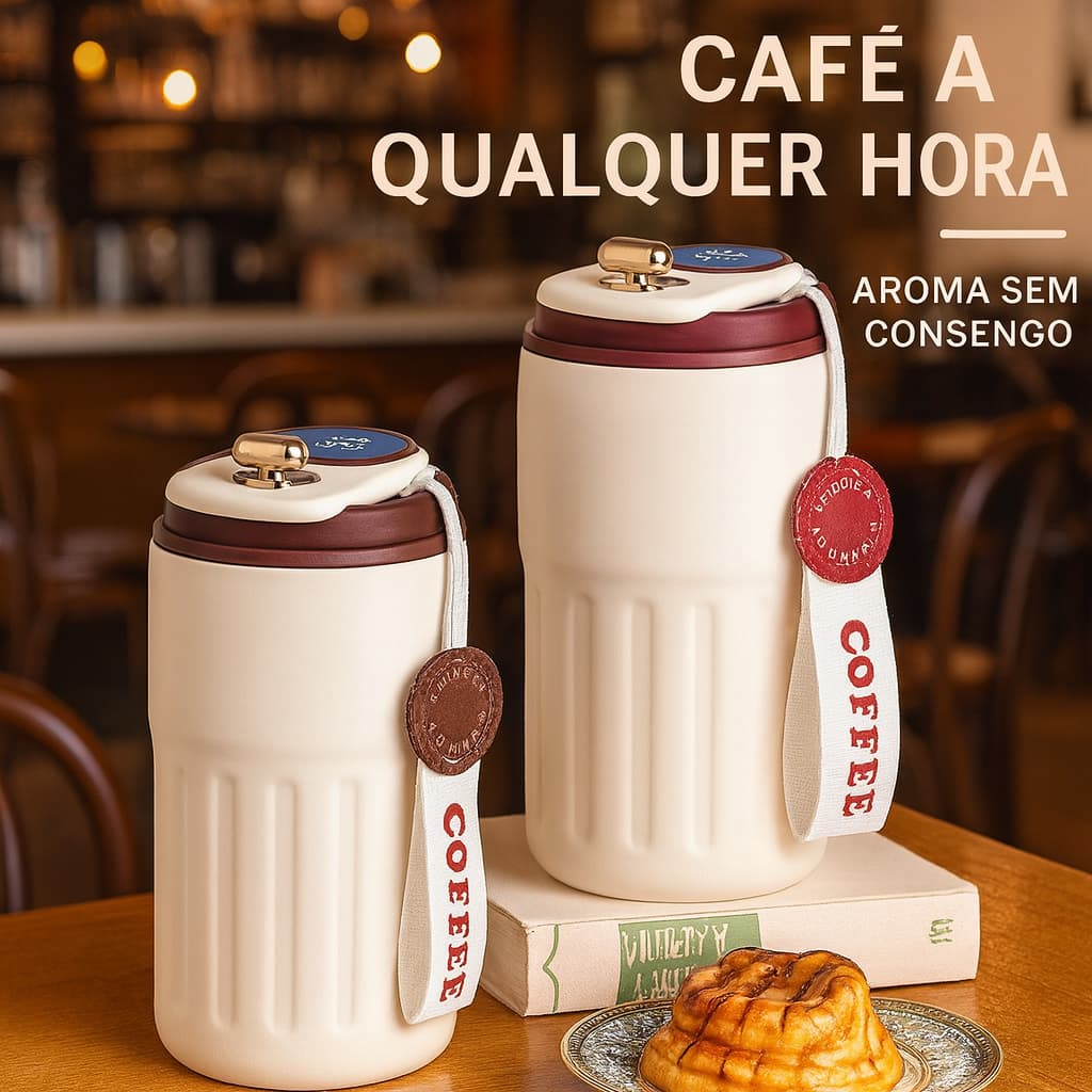 Copo Térmico de Cafe 450 ml Inox com Display Digital Tampa Trava Mantém Bebidas Quentes ou Frias