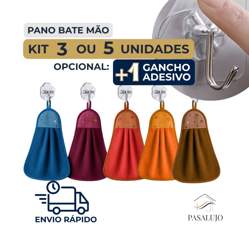 Kit Pano Microfibra Bate Mao + Gancho Adesivo Cozinha Prato Panos Limpeza Multiuso que Não Solta Fiapo