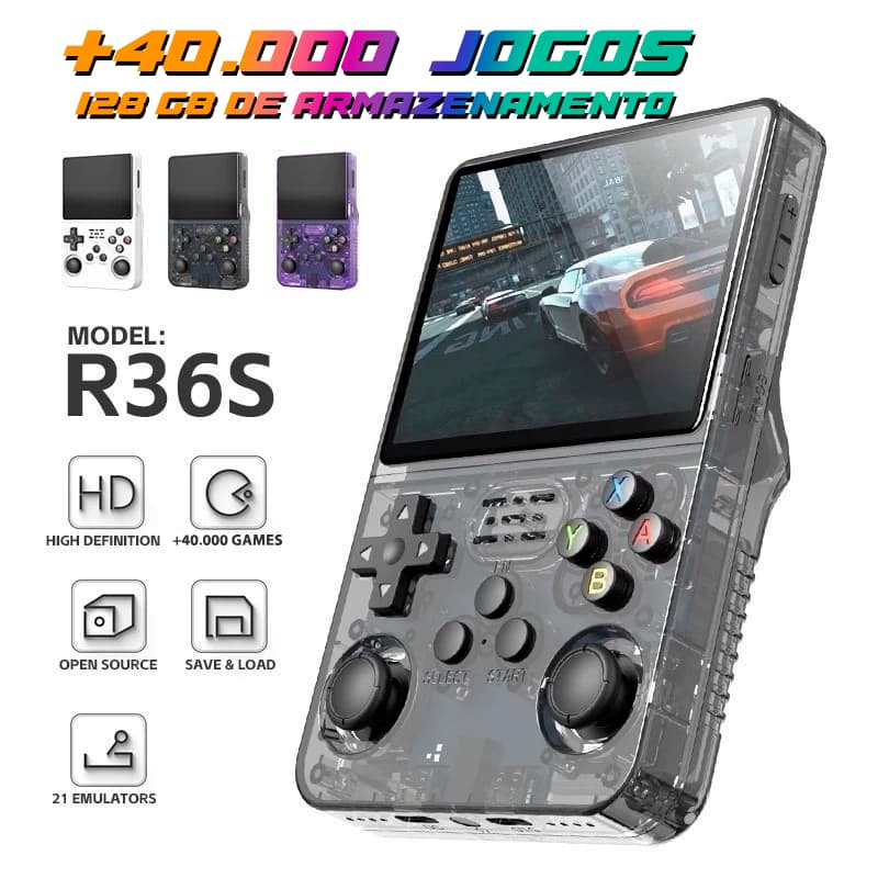 Videogame Portátil R36S – 40.000 Jogos na Palma da Mão, IPS 3.5", 128GB