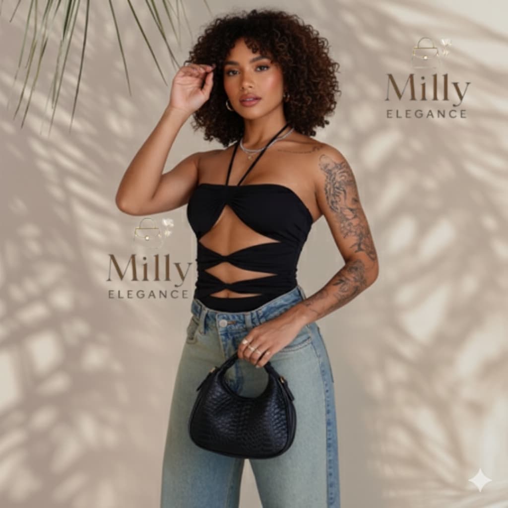 Body Feminino Sexy Gringa Recortes Profundos 3 Tiras com Amarração Ajustável para Festa Balada Verão