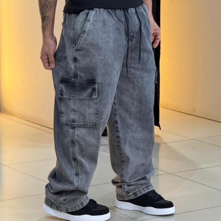 Calça Cargo Jeans masculina feminina 5 bolsos Grafite Marmorizado moda street skate