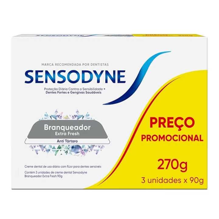 Sensodyne Creme Dental Branqueador Extra Fresh com Flúor, Anti Tártaro, Contra Sensibilidade, 3 X 90g