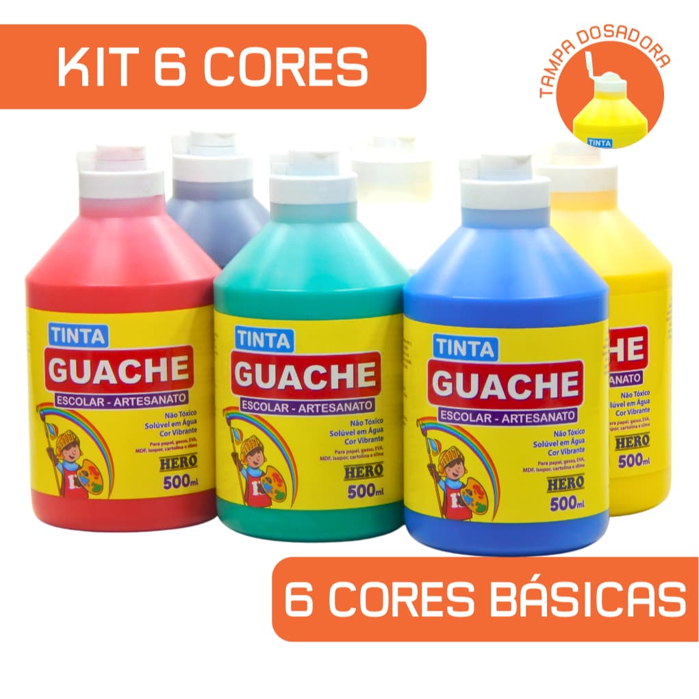 Guache Escolar 500ml - Marca HERO - Kit com 6 potes